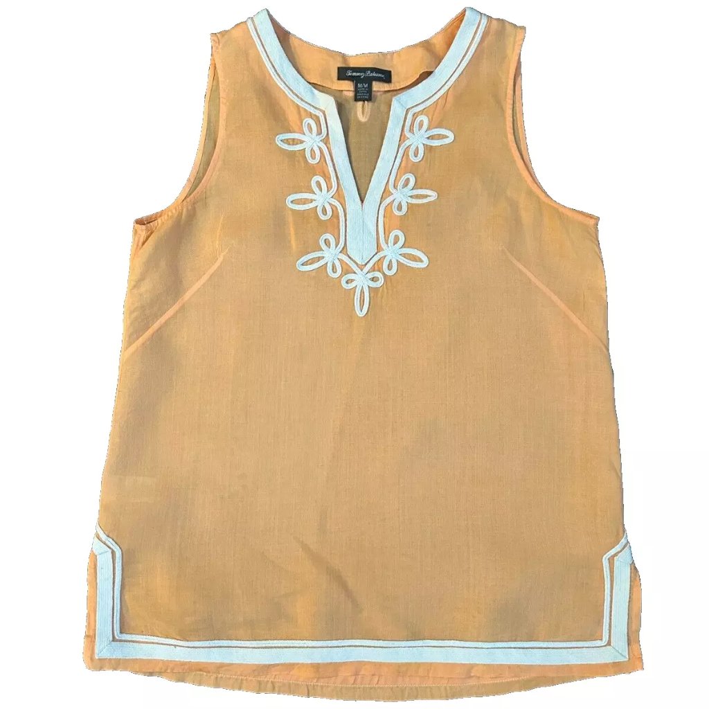 Tommy Bahama Chambray All Day Embroidered Sleeveless Tunic - M - Orange